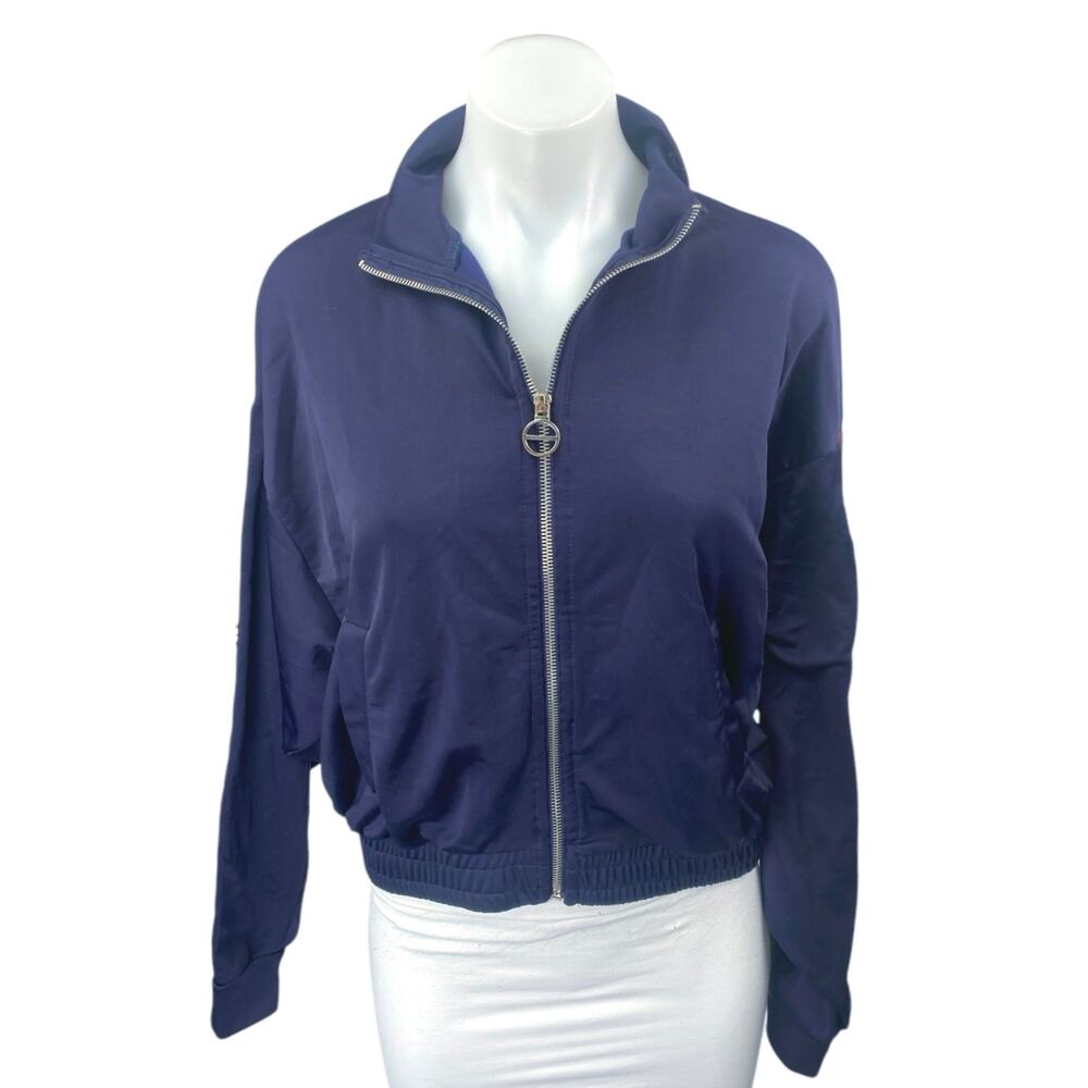 Bershka Women's Blue Button Long Sleeve Zip Up Activewear Bomber Jacket Top M